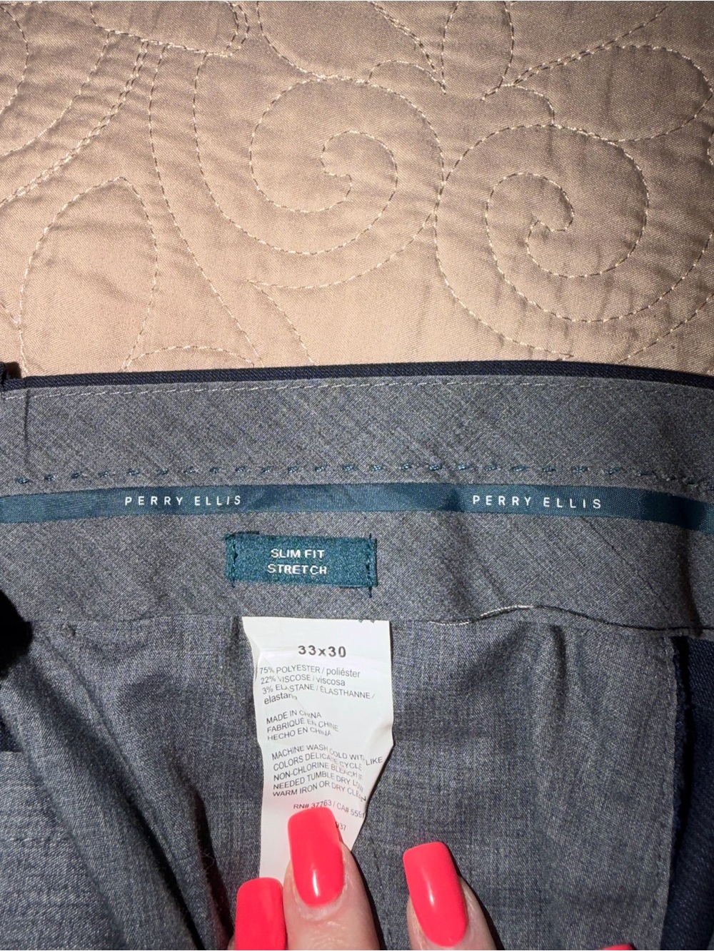 Perry Ellis Men's Slim Fit Stretch Pants - Gray with Teal Trim